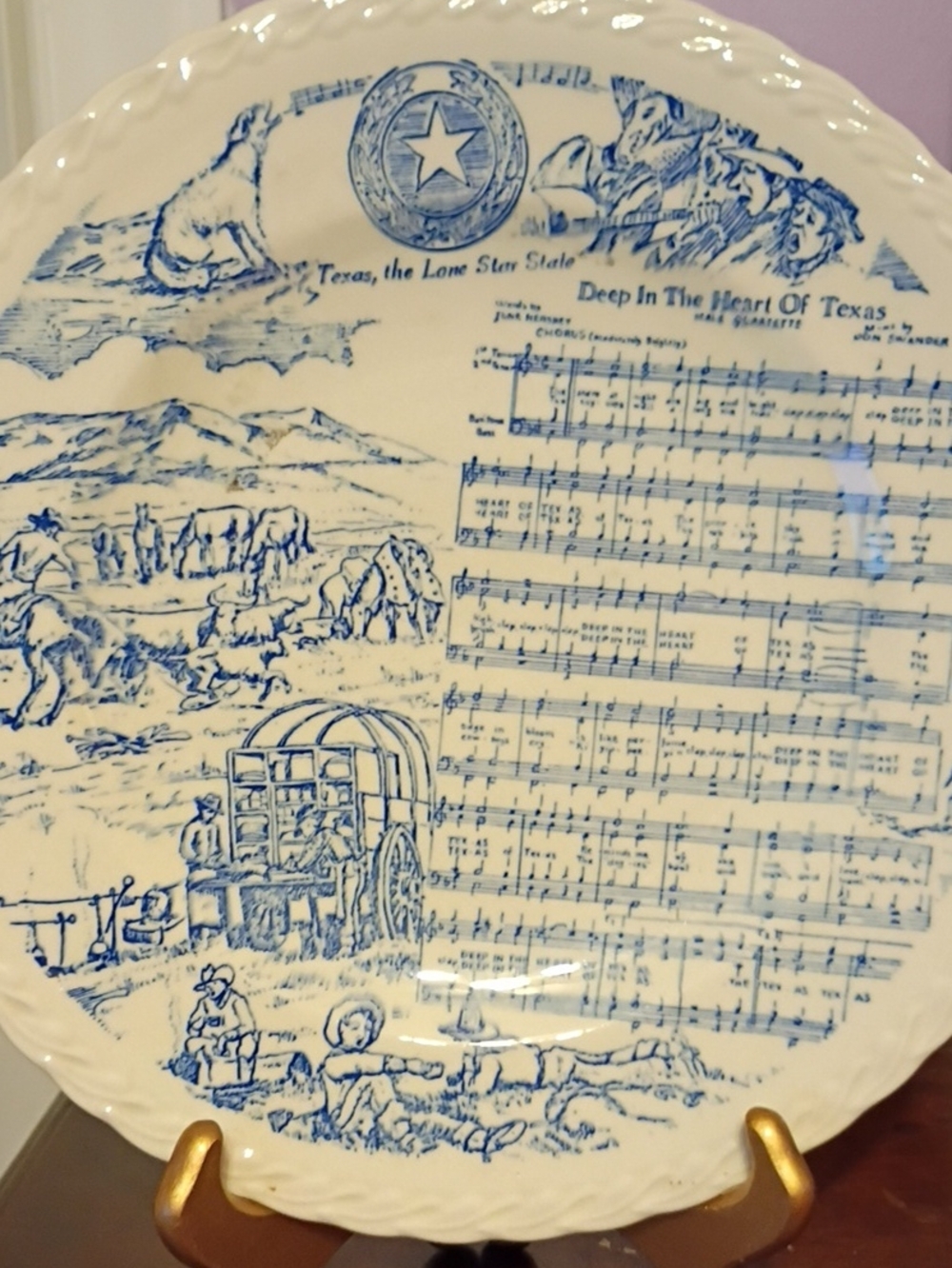 1941 Vernon Kilns Blue and White Texas Song Decorative Serving Plate